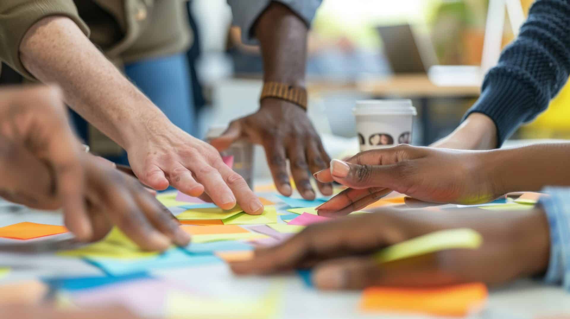 Verschiedene Hände arrangieren bunte Klebezettel auf einem Tisch.