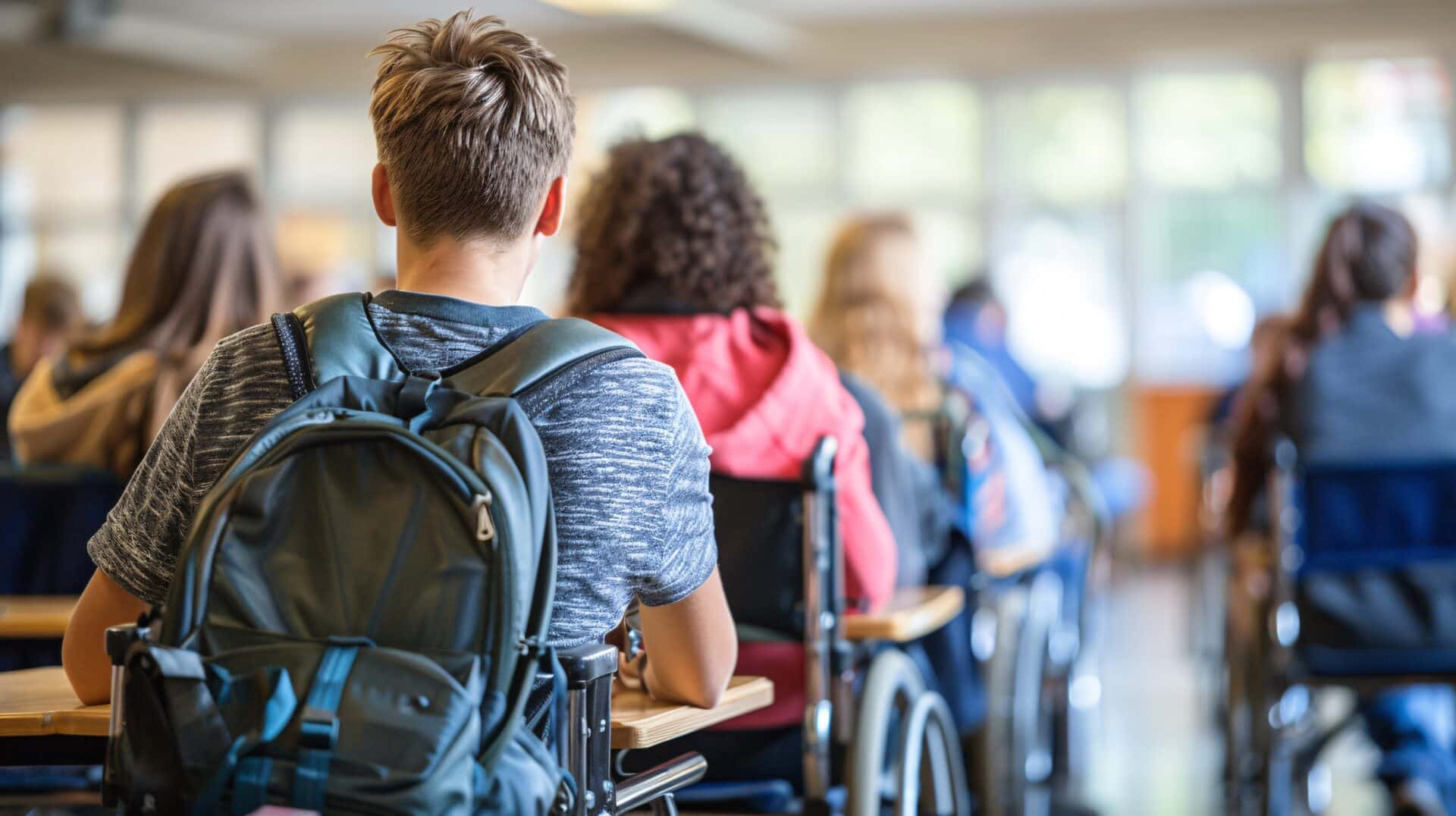 Ein inklusives Klassenzimmer. Ältere Jugendliche sitzen an Tischen und blicken zur Tafel.