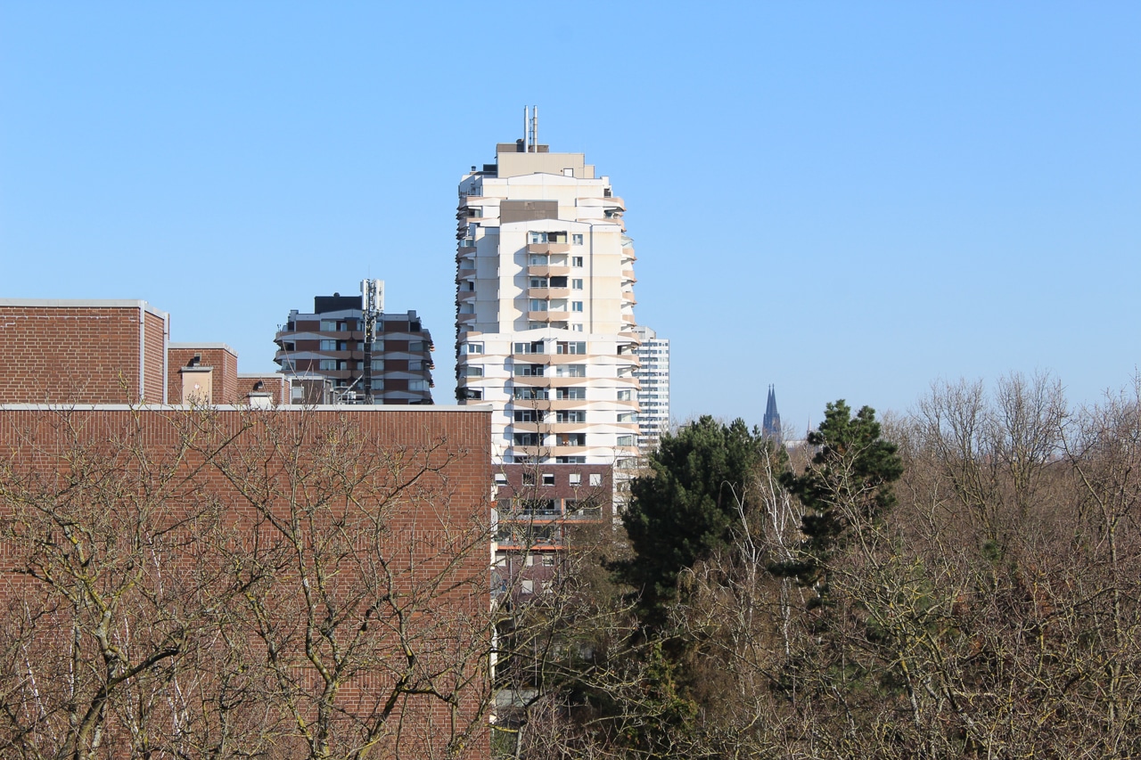 Mehrstöckige Wohnhochhäuser in einer Stadt, im Vordergrund kahle Bäume und ein rotes Backsteingebäude, dahinter ein helles Hochhaus unter klarem blauen Himmel.