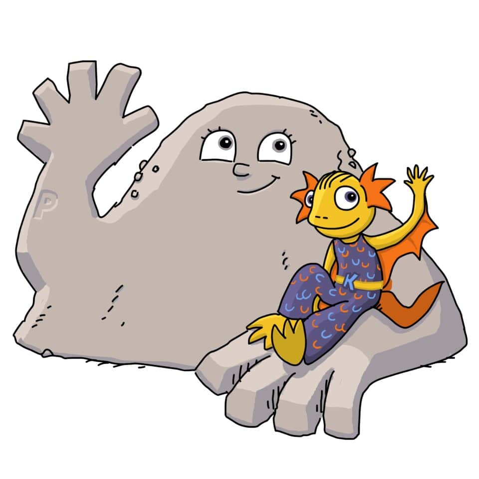 Ein kleines, buntes Fabelwesen ähnlich einem Drachen sitzt auf einem größeren grauen Fabwelwesen. Beide winken fröhlich.